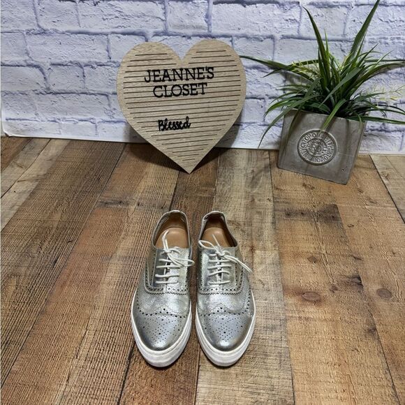 Shellys London Platform lace up Shoes Metallic Silver Sneaker Made in Spain - Picture 5 of 12